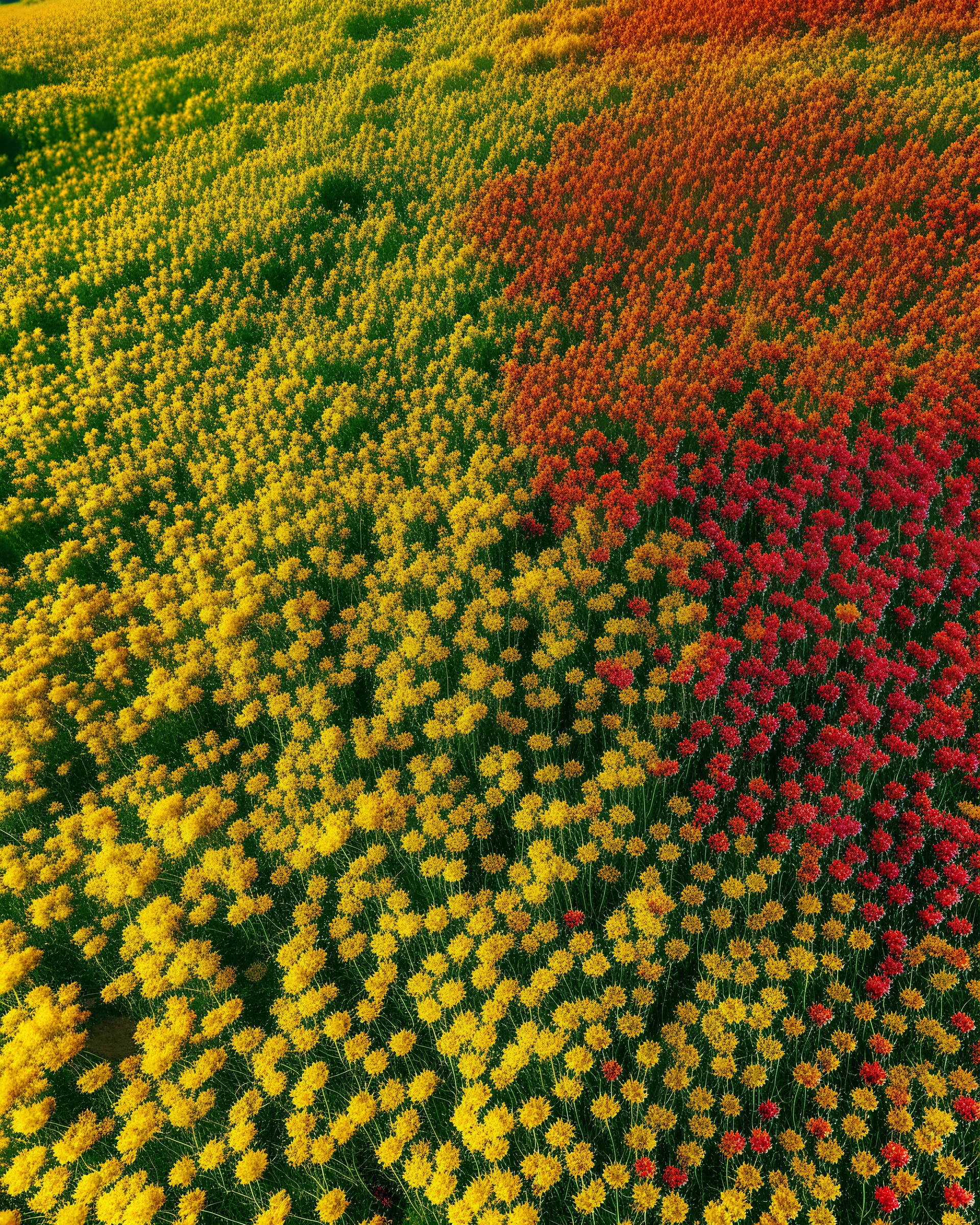 A breathtaking aerial shot of a field full of wildflowers in various vibrant colors. The image evokes a sense of serenity and natural beauty.