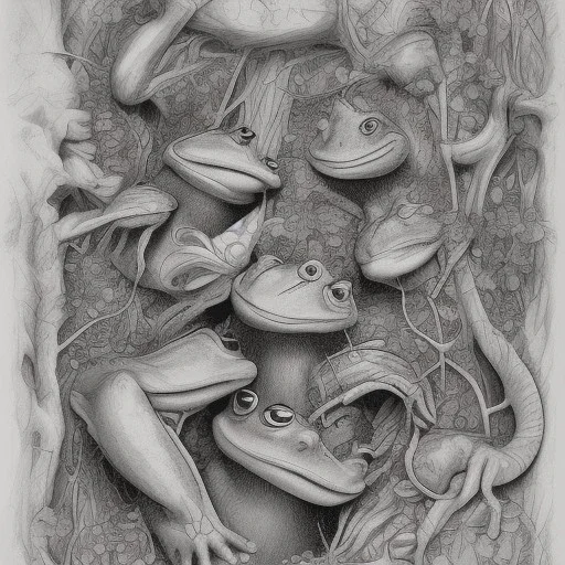 2 frogs playing in the woods, back side , pencil sketch