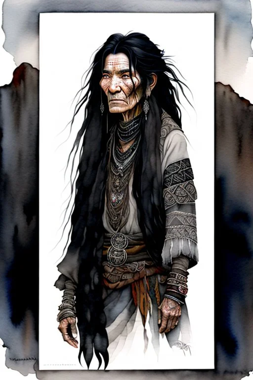 ink wash and watercolor illustration of an ancient grizzled, gnarled female vagabond shaman, long, black hair streaked with grey, highly detailed facial features, sharp cheekbones. Her eyes are black. She wears weathered roughspun Celtic clothes, emaciated and tall, with pale skin, full body , thigh high leather boots within a forest of massive ancient oak trees in the comic book style of Bill Sienkiewicz and Jean Giraud Moebius , sharp focus, natural light and shadow, rich vibrant color