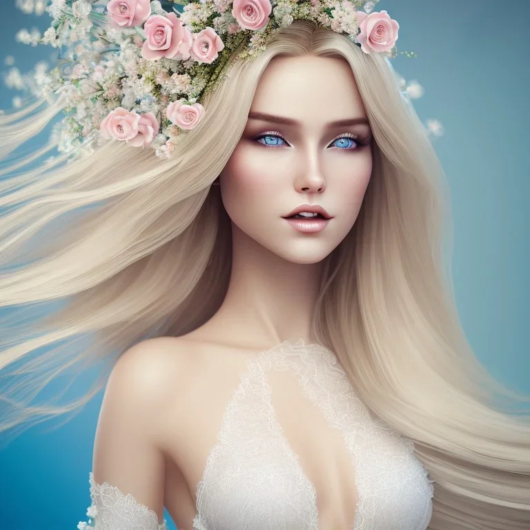 A beautiful one nude body of a make up smiling woman blond long hair, alone, high key lighting, volumetric light high details with white stripes and blue eye, smiling with plump pink lips, flowers around, unreal engine