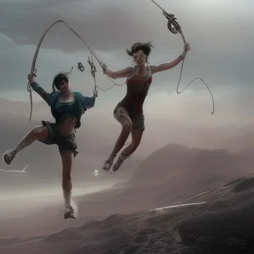 Two women skipping with a rope while demons and angry gods fight in the background, in the style of a Michael Moorcock book cover.