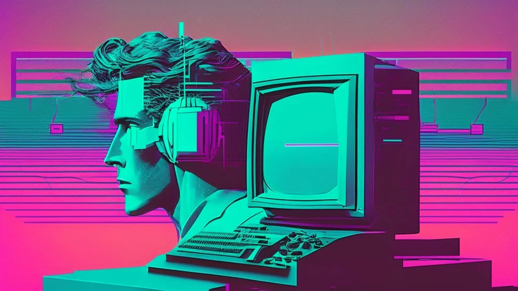 synth-wave, man with monitor as head, iconic:1.8),