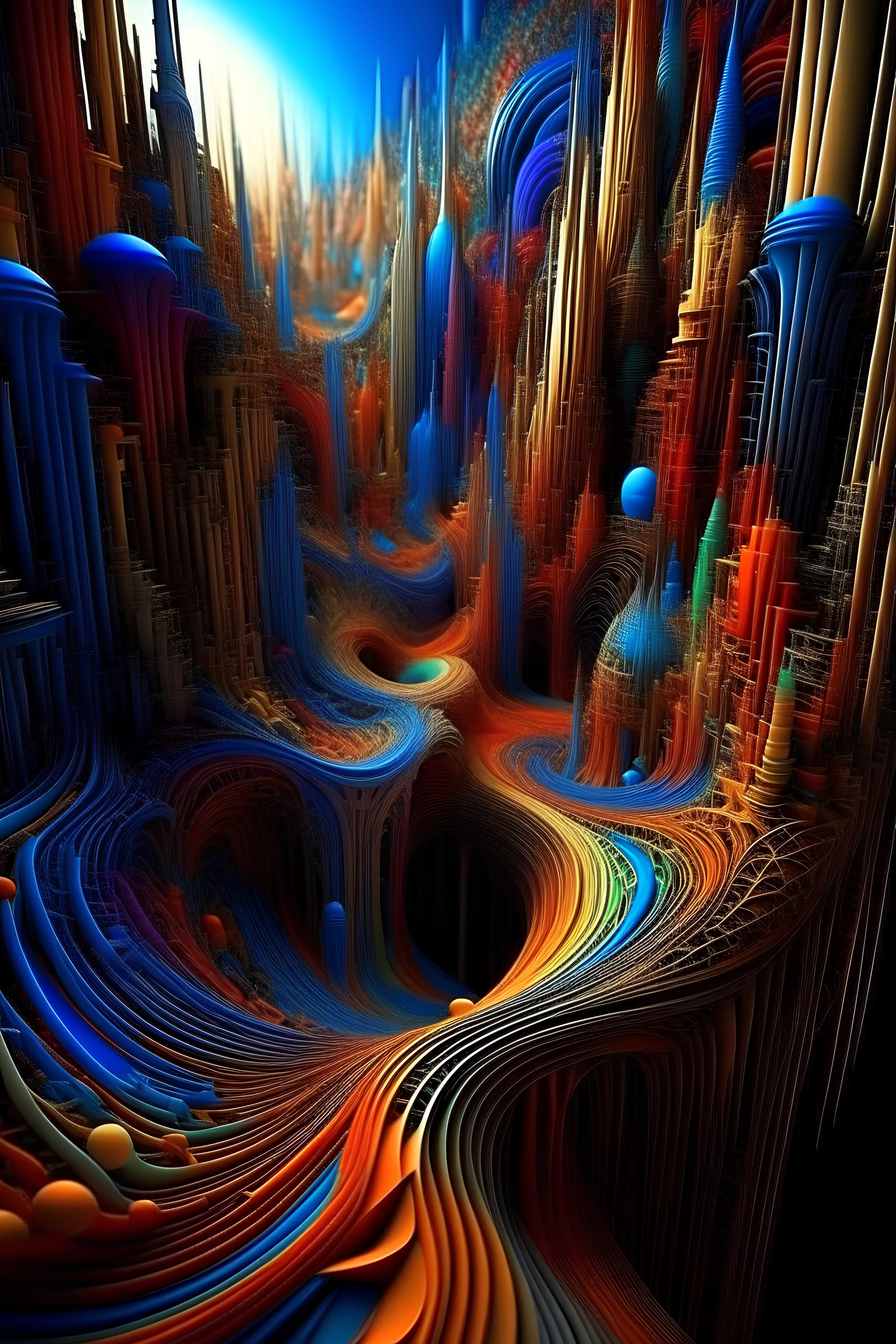 3d hd whimsical stylized surreal fractal recrusive colorful thin lines of all colors draw a dynamic city masterpiece