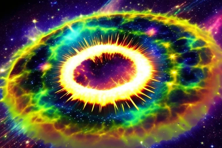 A supernova explosion's blast wave is spreading in a circle outward in all directions, overtaking green and blue worlds, ripping them apart and spreading debris into a ring around the dead star.