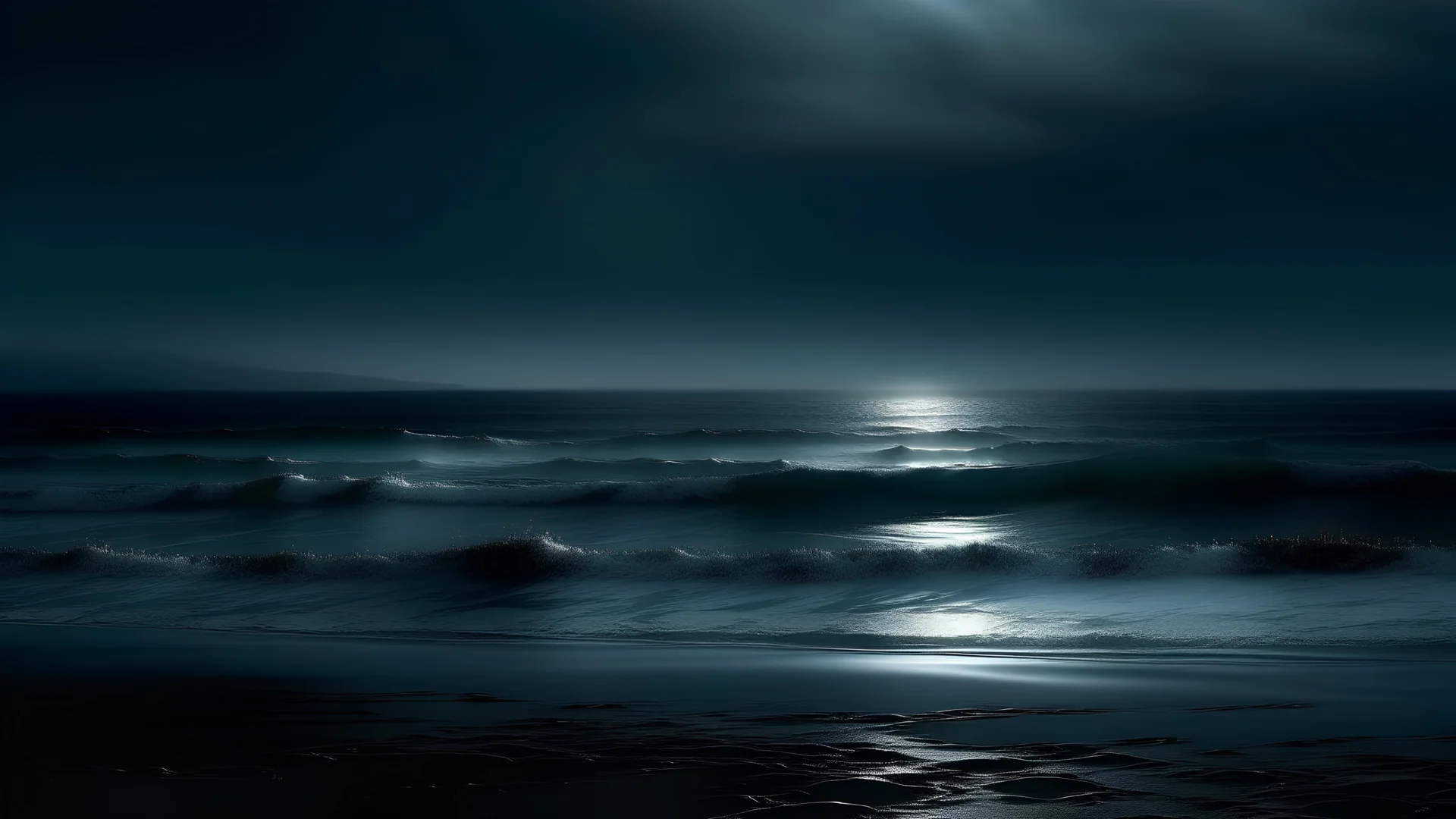 a dimly lit beach. A beautiful painting by Chris Friel captures the moody tonalism of the scene, with a foreboding sea tormenting the shores. The dark, misty atmosphere and dark blue mist add to the mystique of the black-water background.