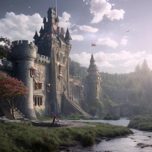 fairy tail castle with beautiful woman and wolf in the foreground