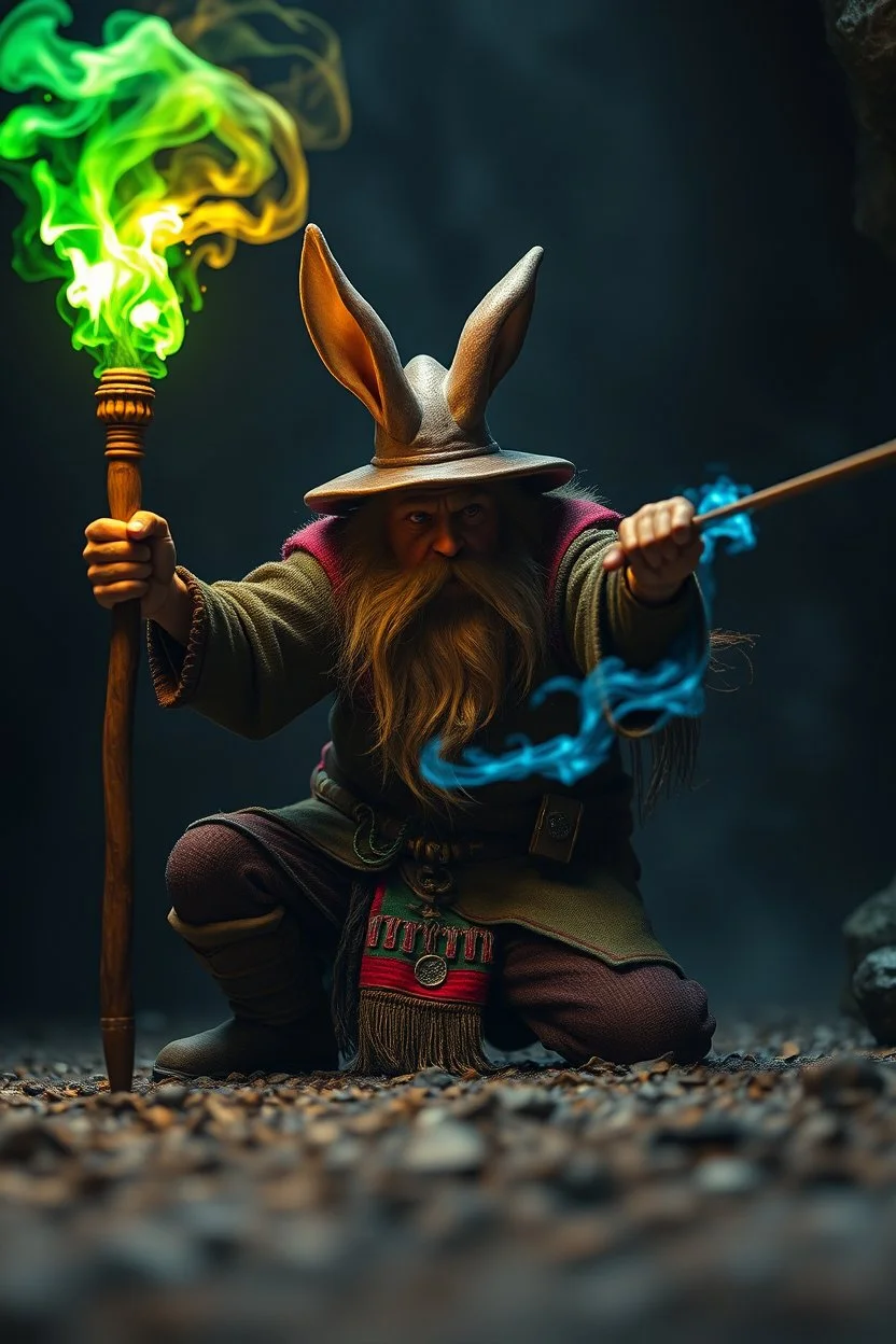 Haraberget big fast killer Gandalf bunny in background, magic swirl, strong winds, true grit, reggae rasta native stand off fast draw poncho cowboy wizard on knees hurt punching green and blue fire ball whip while taking sight wand slinger, in dark cave ,bokeh like f/0.8, tilt-shift lens 8k, dead wizard in dark cave ,bokeh like f/0.8, tilt-shift lens 8k, high detail, smooth render, down-light, unreal engine