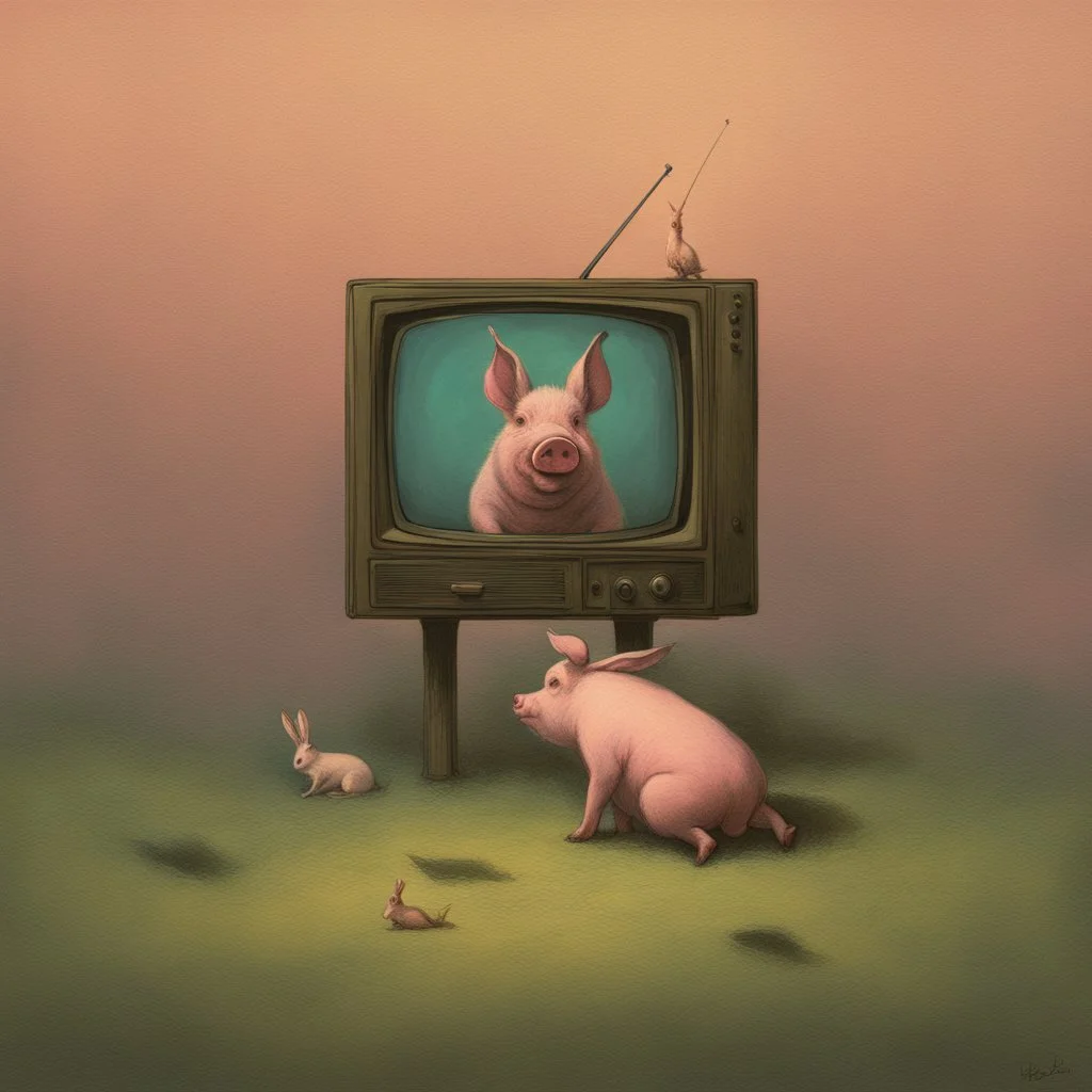 pig watching a tv about video game persona with a rabbit playing music beksinski style