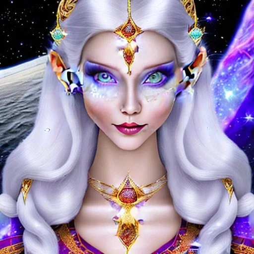 cosmic mage, elf, female, cosmic magic, long ears, white hair, face details, pale skin, jewellery, broad shoulders, sharp ears, cosmic clothes, cosmic eyes, ears shown, the cosmos in eyes, shining eyes, thin face, detailed ears, magical eyes, closed mouth, make up, smiling face, happy face, pointy ears, glow in eyes