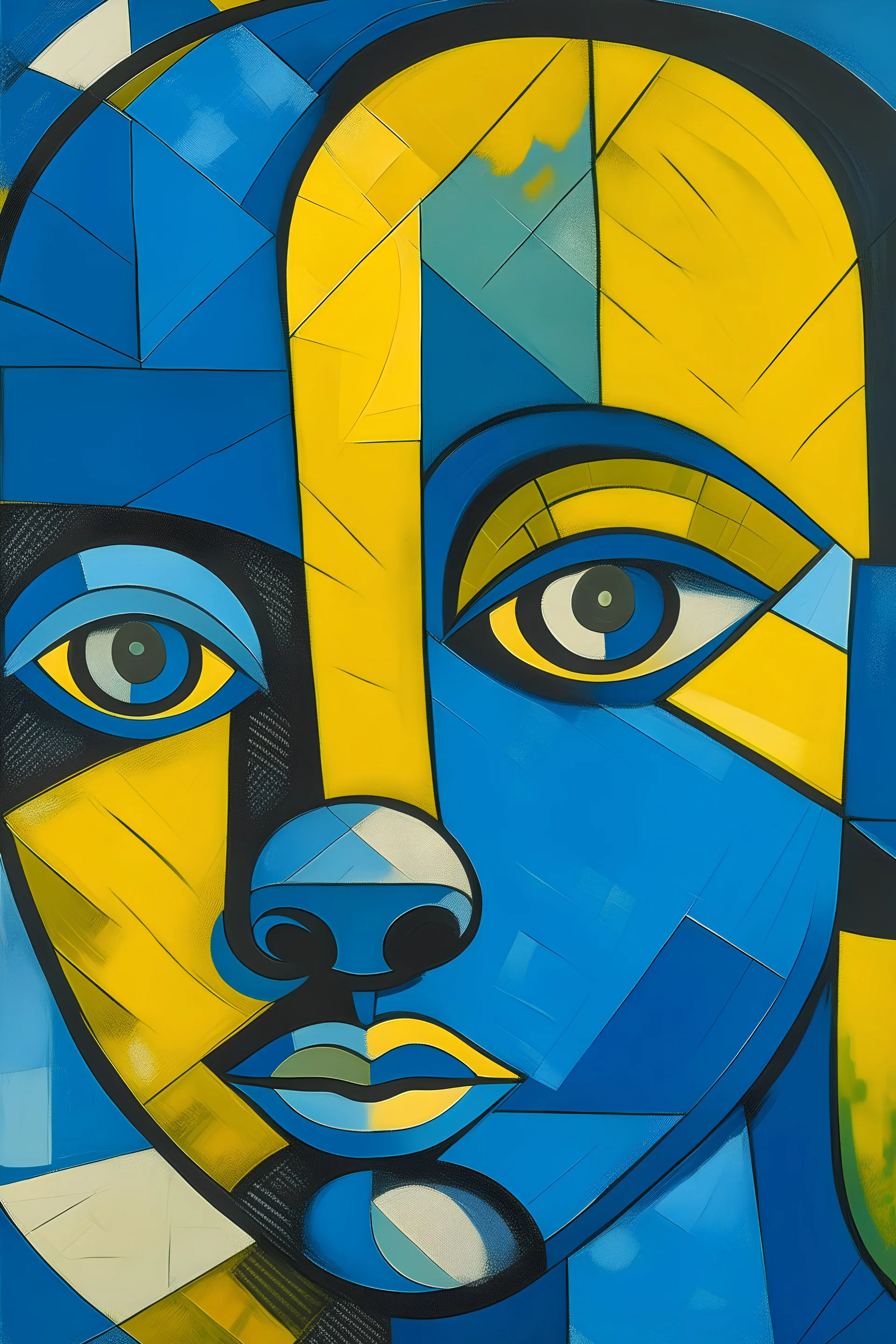 a cubism textured blue and yellow painting of a black child by picasso