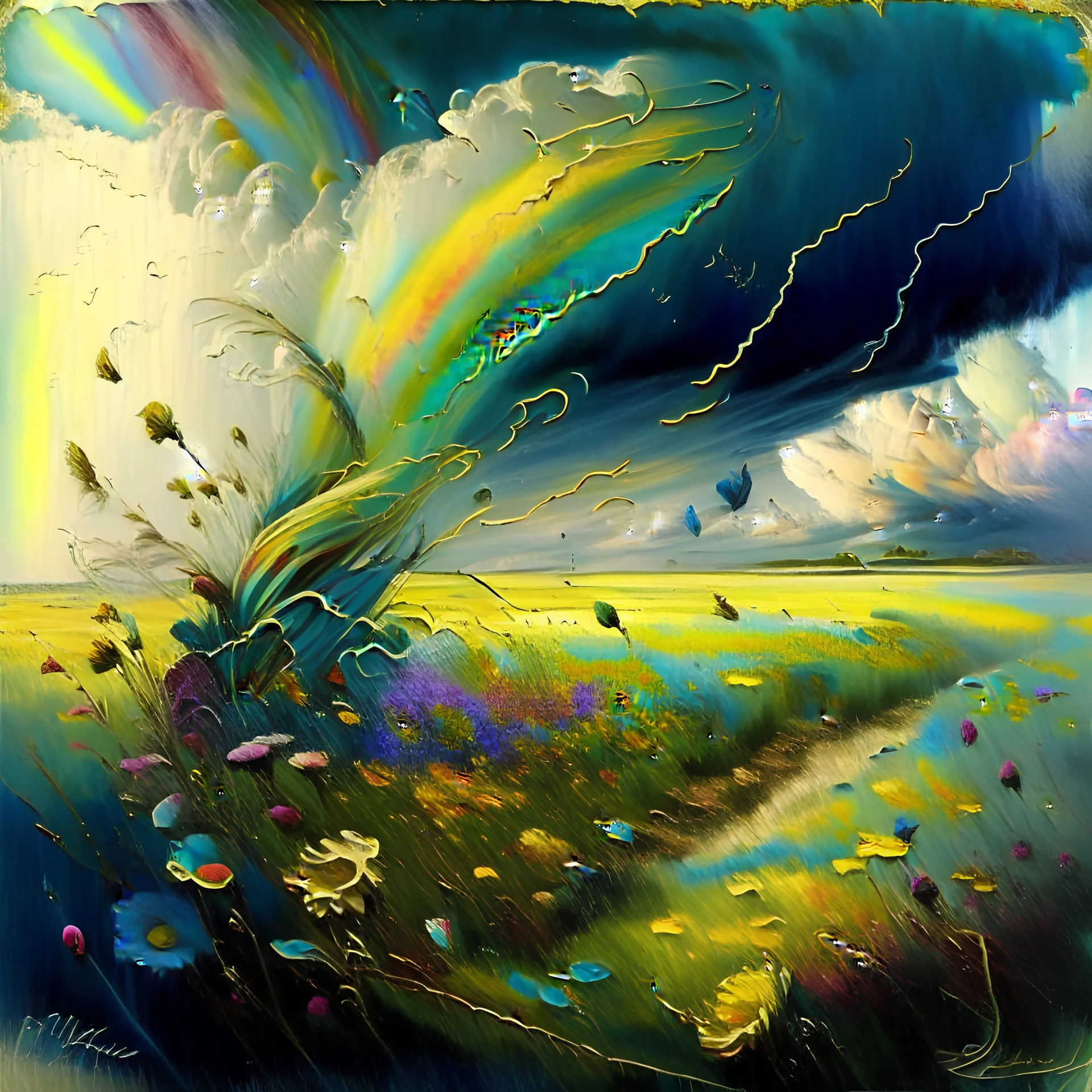 collaboration between Salvador Dali, Vincent Van Gogh, and Jean Baptiste Monge. Swirling rainbow storm clouds over a vast field of long grass and plentiful flowers swaying in the winds.