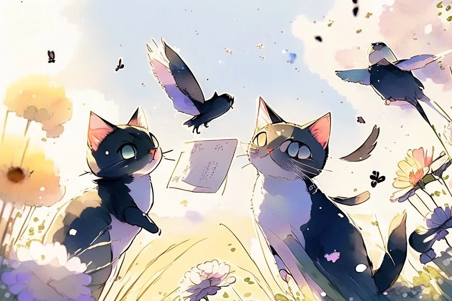 two cute anime chibi cats on either side of the picture looking at a pigeon in the top centre of the picture, flying with an envelope in its mouth in sunshine, flowerfield, watercolor and black ink outlines, ethereal, cinematic postprocessing, bokeh, dof