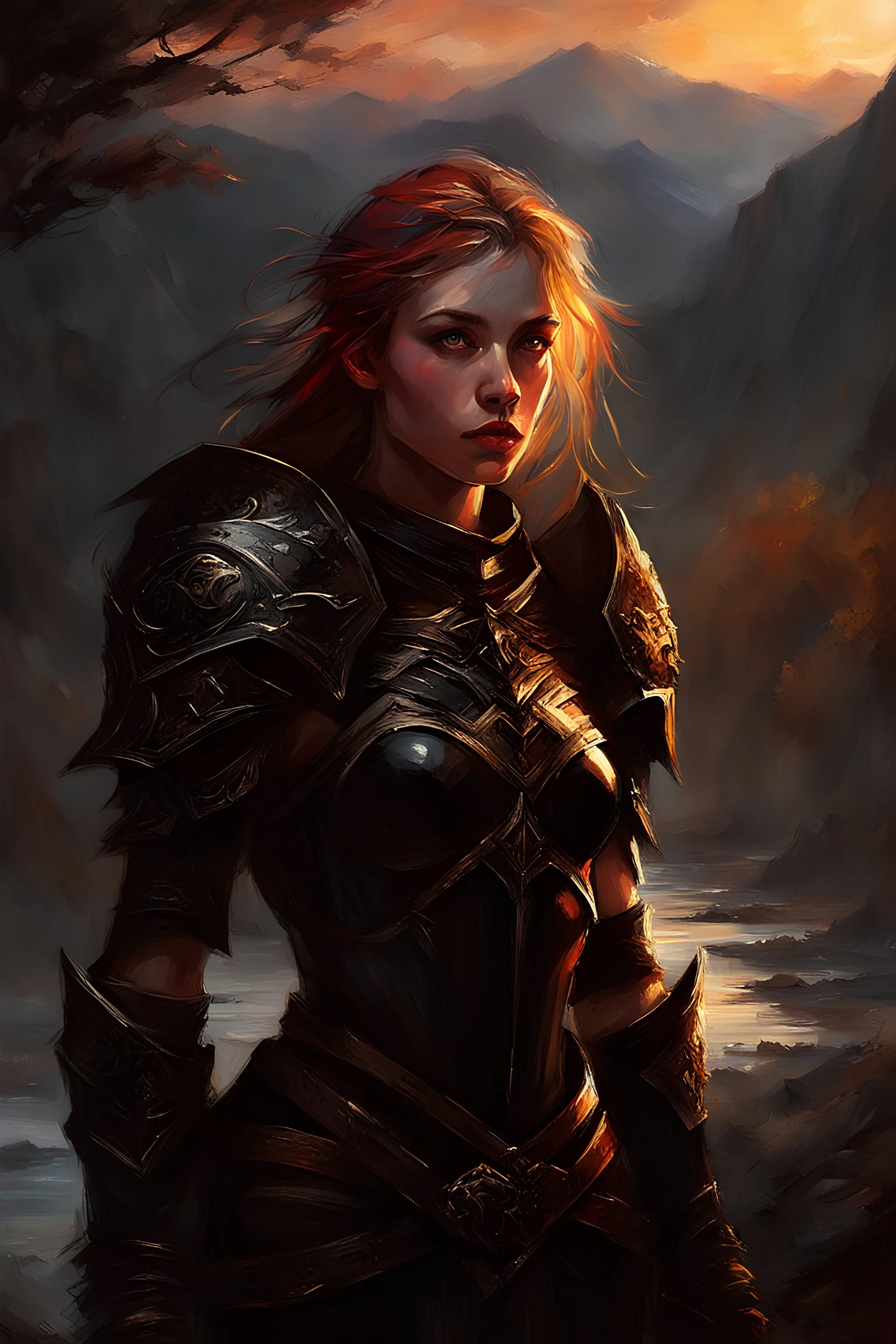 A formidable warrior girl in black armor, on the background Amazing gloomy landscape, flooded with sunset, mountains, trees, fabulous scary hero, , juicy emotions, painting, dark fantasy, gloomy day, dark world, portrait, by James Paick & Anna Razumovskaya