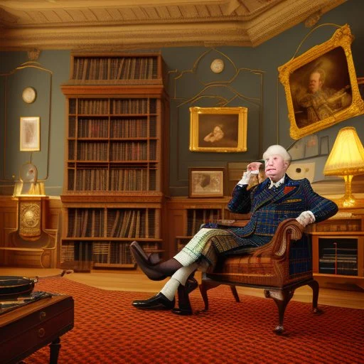 An English gentleman wearing a checkered tweed jacket, wearing slippers, sitting in a wing chair by the burning fireplace, listening to music emanating from an old gramophone, in the background an antique radio receiver standing on a dresser, a bookcase and an oil painting of Queen Victoria, realistic shot, taken indoors In yellowish light, nostalgic atmosphere, 12K