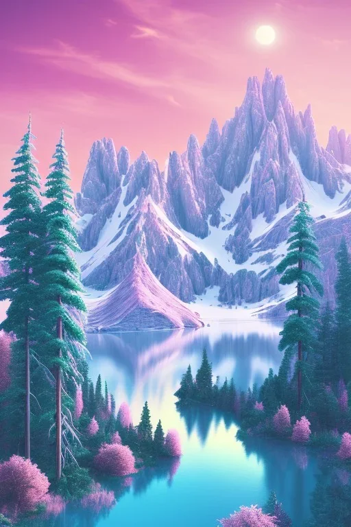  mountain topped with pink ice-cream, lake, trees, mystical, Dada,