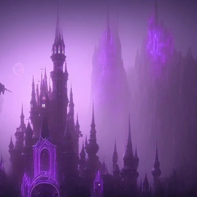 MAGIC CASTLE, ALIEN, FOGGY NIGHT, GLOWING, PURPLE, TOWERS, 4K, 8K, CINEMATIC