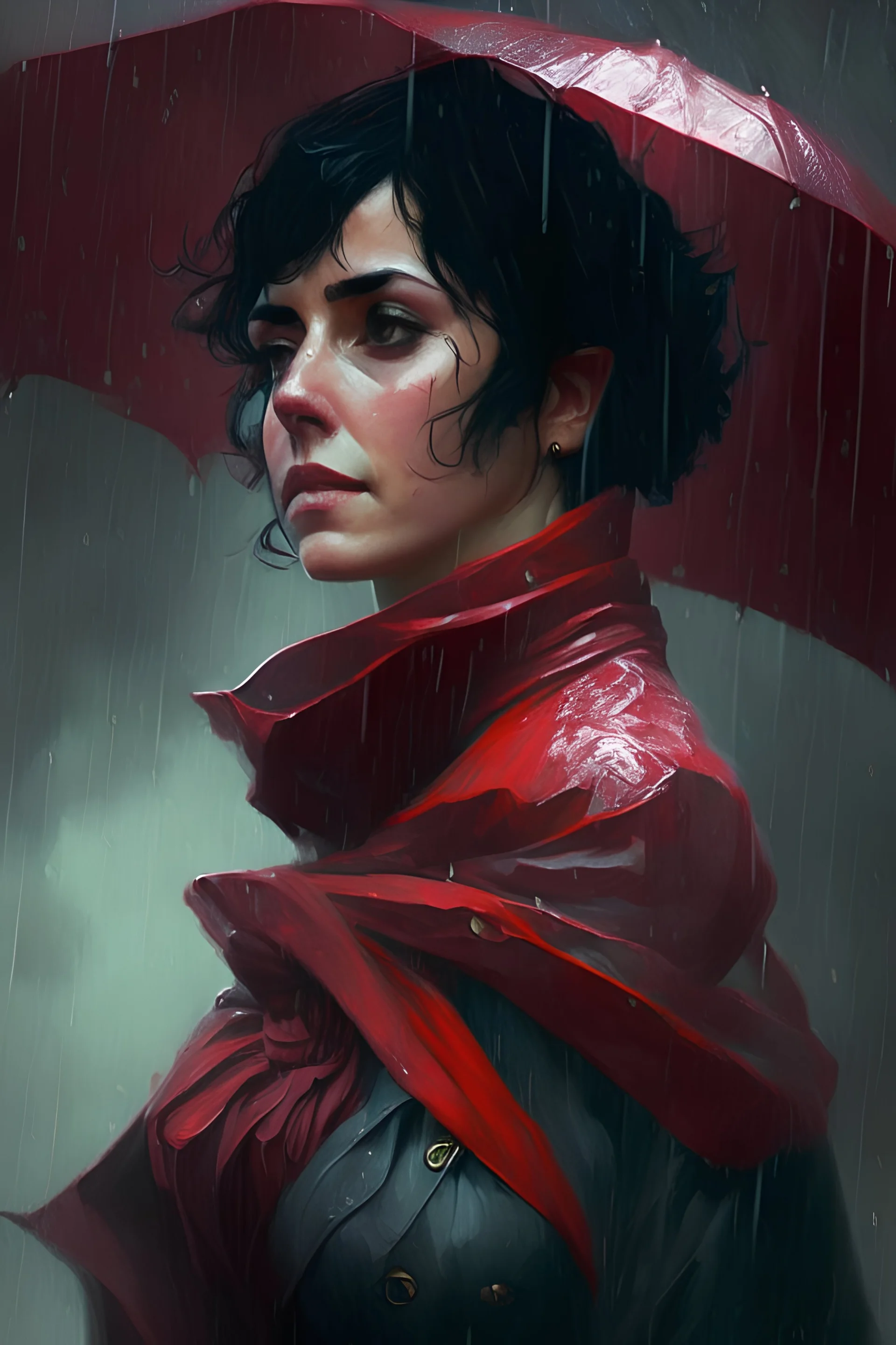 A full shot of a woman with short dark hair, wearing only a scarlet silk scarf, hands at her sides standing in the rain looking forward in the fantasy style