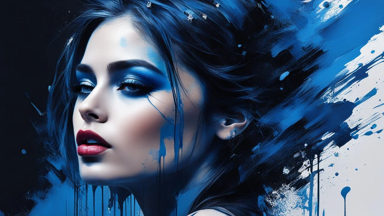 masterpiece, best quality, ultra high res, 1girl, (abstract art:1.4), bleeding blue, blue theme, visually stunning, beautiful, evocative, emotional, side view,