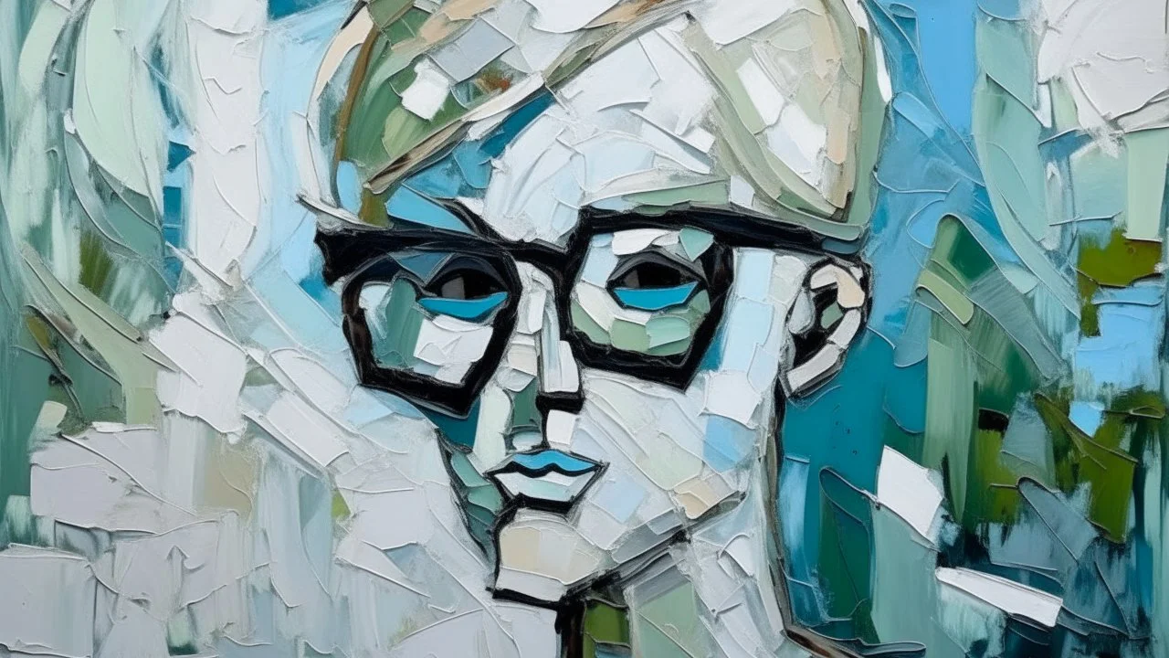 Eccentric Elegance with white glasses, Impressionist painting oIn an abstract and minimalist world, various characters go about their daily lives in unique and often dumb ways, unaware of the impending disaster that awaits them. Their silhouettes stand out against the monochromatic background, their movements creating dynamic shapes and textures. The artist employs an impasto technique, using thick layers of paint to emphasize the exaggerated forms and bold contours of the characters. As these d