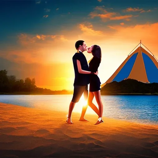 2 lovers last kiss in sand island with tent and river background sunset