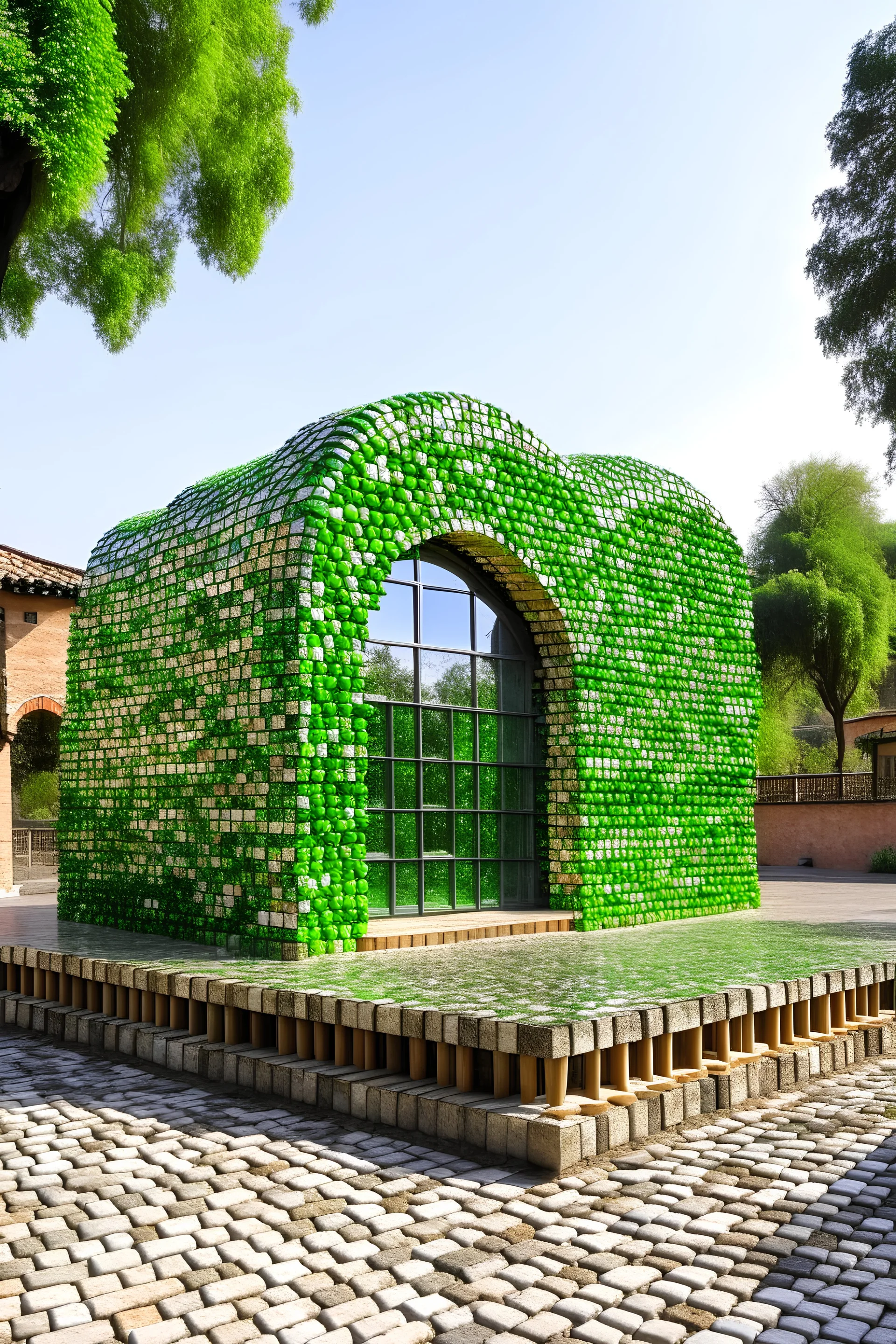 Pavilion made of recycled materials like recycled glass and recycled wood, at a historical site in Mexico, that hosts temporary exhibitions of local and national artists, promoting the art and culture of the region of Puebla. The design needs to be curvilinear and organic