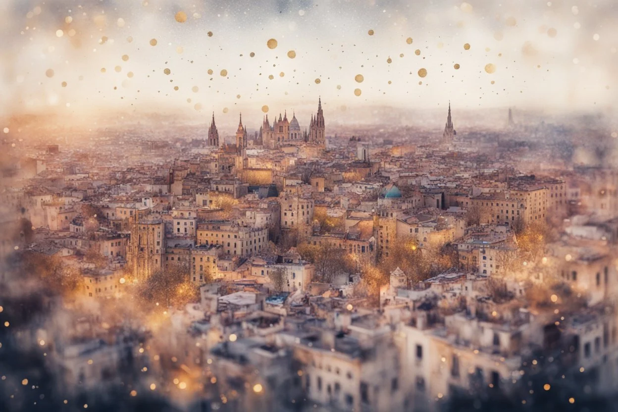 birds eye barcelona, watercolor and black ink outlines, sparkling golden glitter, ethereal, cinematic postprocessing, bokeh, dof, S<AI