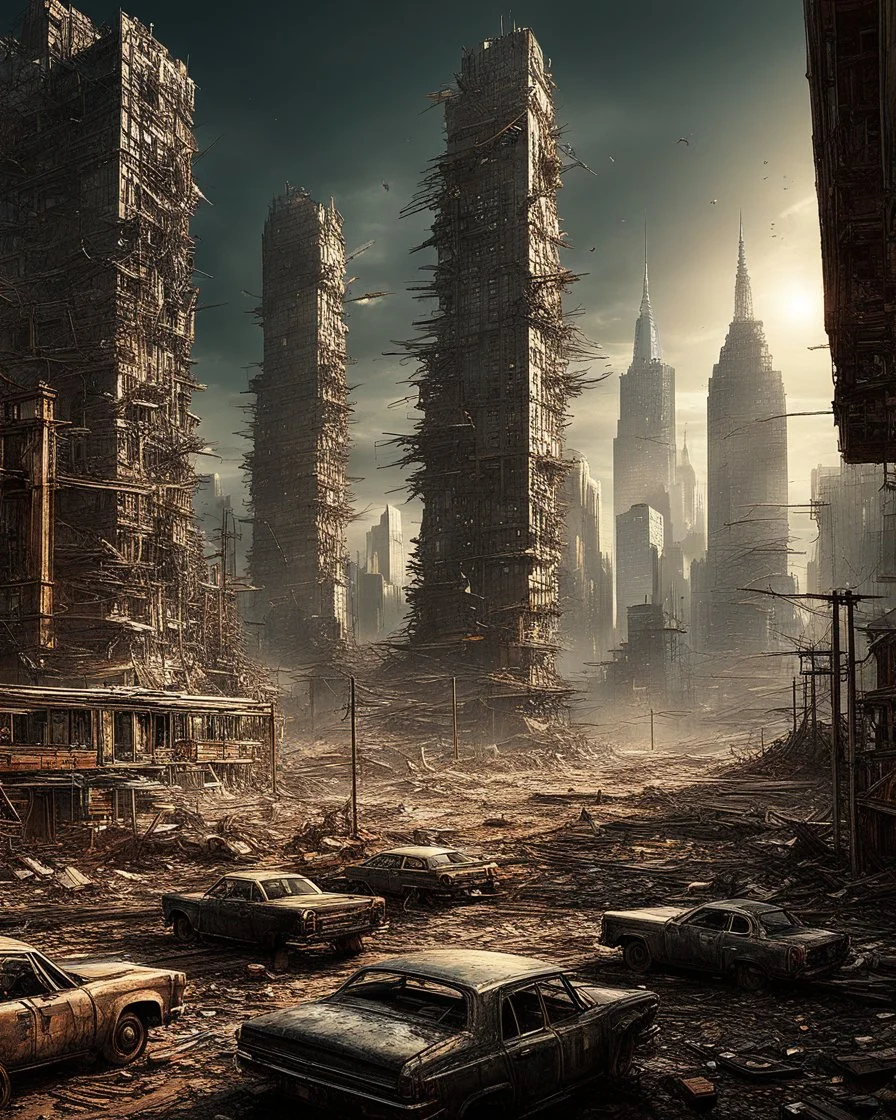 view of a futuristic the New York City in a post atomic catastrophic way, with lots of buildings in ruins,