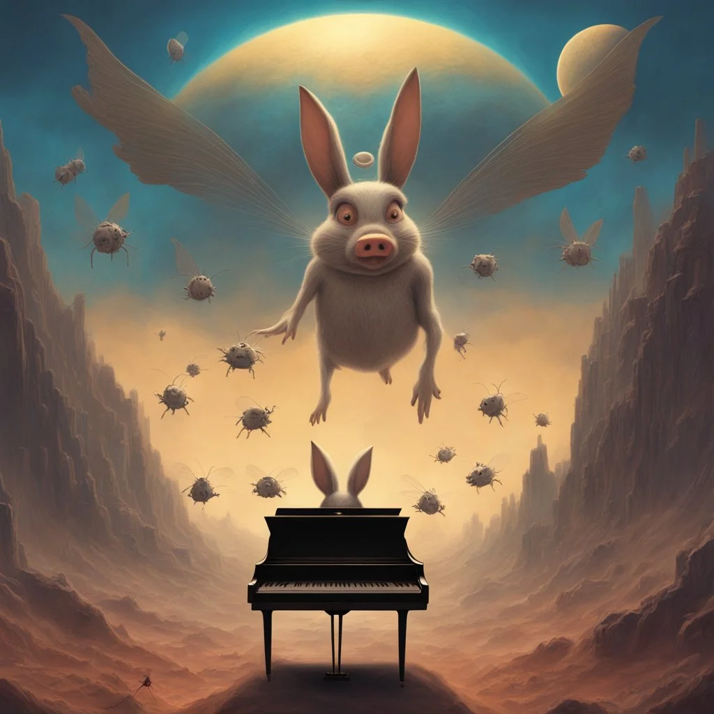 monochromatic black and white bugs bunny composer piano, diffrent planet, one swine pig piggy flying wasp angel, beksinski style daker theme