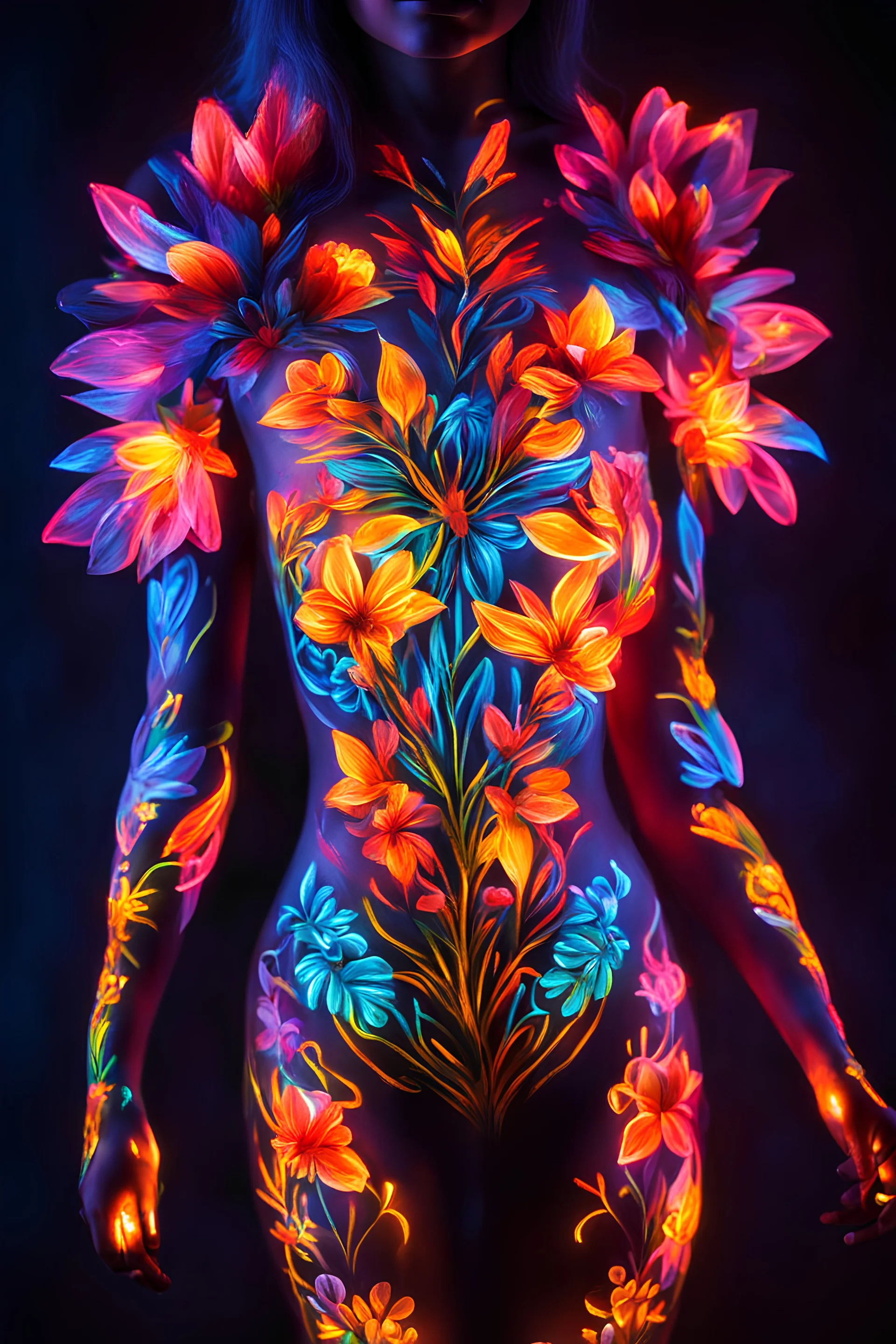 Body painting art flowers neons glowing light in the dark and colorful details