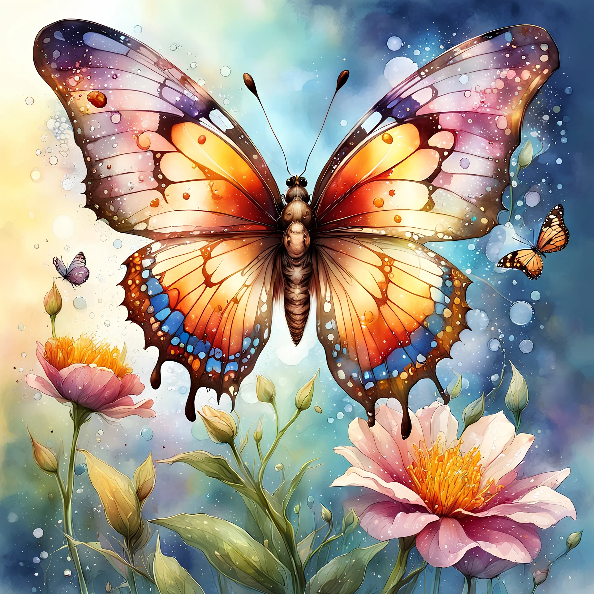 Digital watercolor illustration, beautiful colorful highly detailed butterfly, landing on a bloom of a beautiful dew filled flower, fantasyscape sunrise, by Waterhouse, Carne Griffiths, Minjae Lee, Os Gemeos, Stylized watercolor art, Intricate, Complex contrast, HDR, Sharp, soft Cinematic Volumetric lighting, deep vibrant lush luminous colors, perfect masterpiece