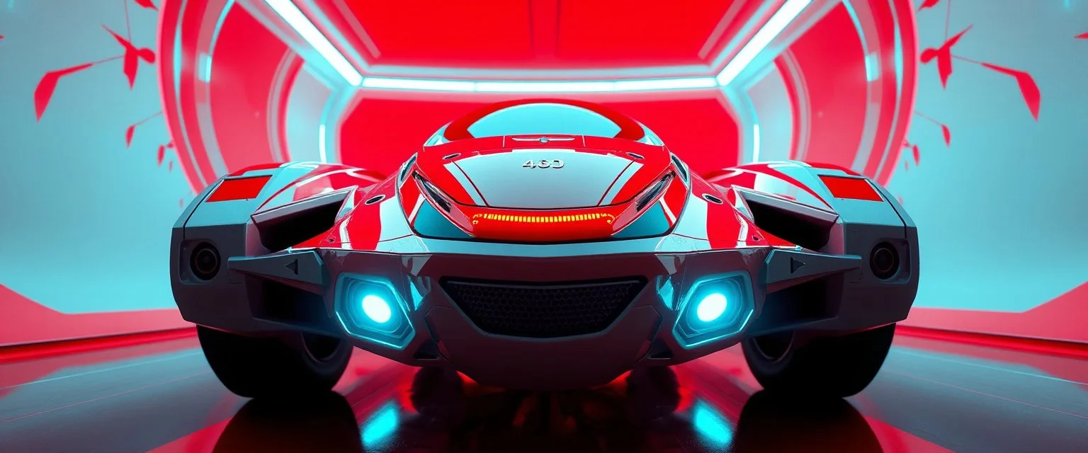 low view angle shot down from upper left front and showing the full vehicle, a RETROFUTURISTIC HOVERING CRAFT OF ALIEN ORIGIN, large close up a beautiful look up modern is decorated with red abstract, all red background, fisheye lense, vray, raytracing