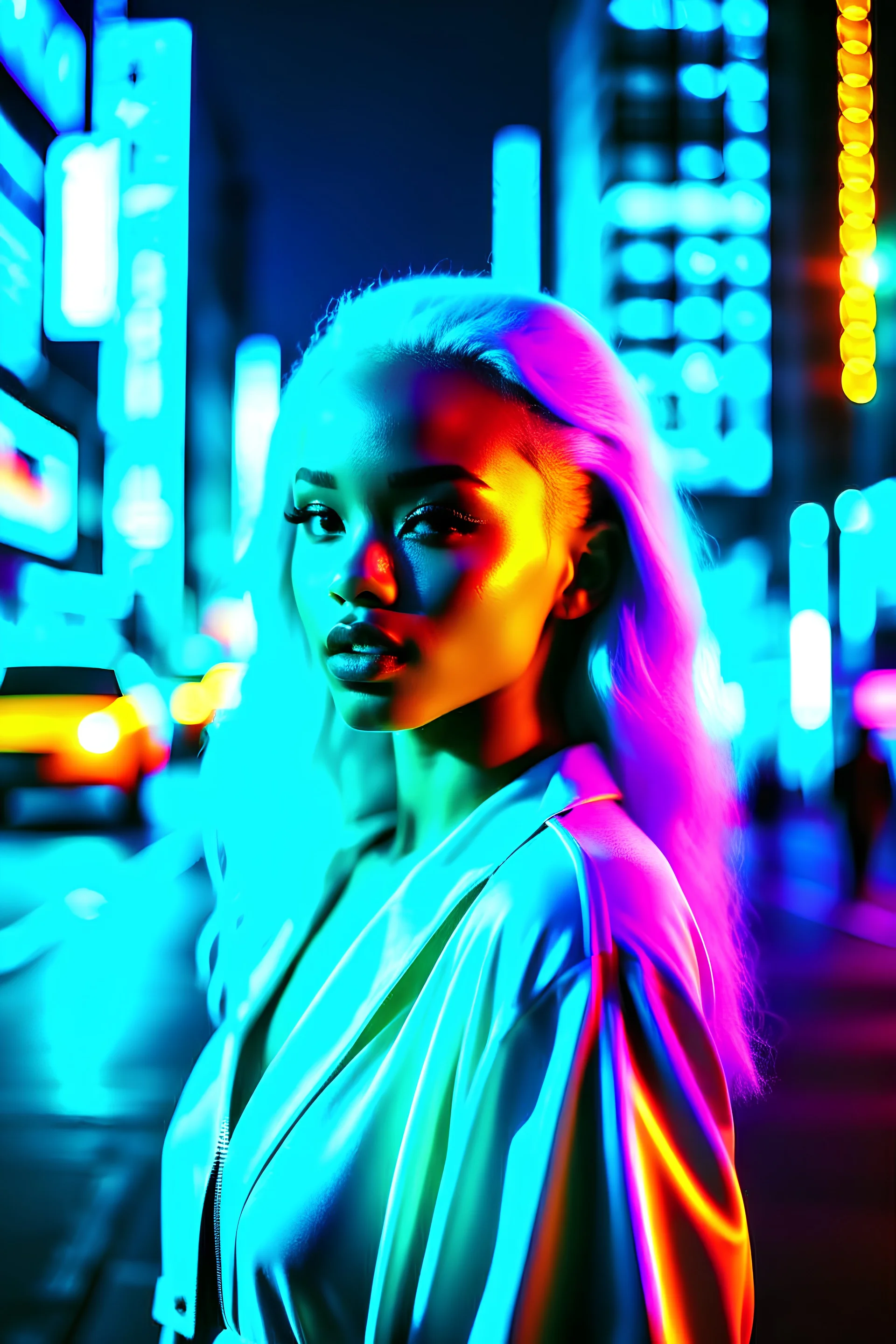 (analog photo) the cityscape in a soft neon glow in traffic stands a mixed race light skin mulatto female with very long platinum white hair stands in sleek and futuristic surroundings. Dressed in a blend of retro and modern fashion,