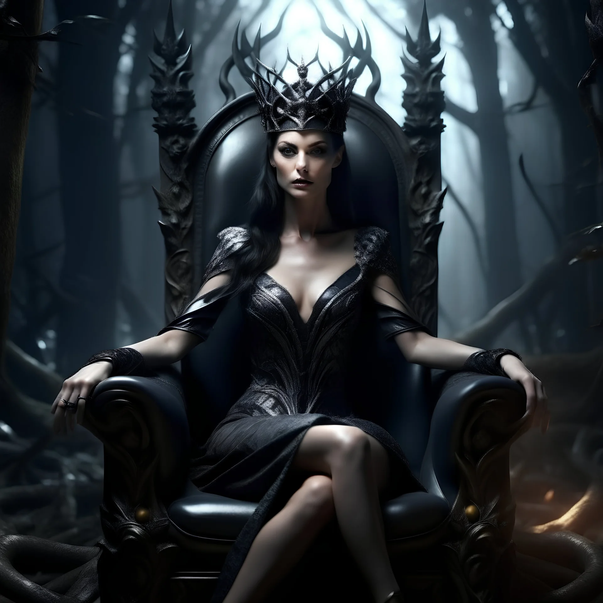 Morena Baccarin as a beautiful sexy dark elf queen seated elegantly on a throne in a mystical forest