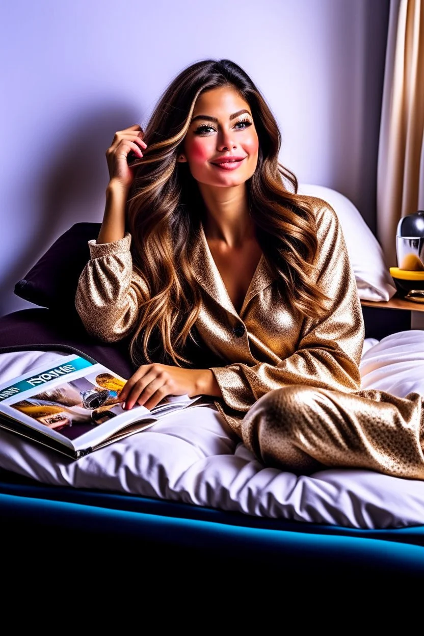 On the cover of the magazine, a gorgeous supermodel lounges on a plush bed with a fluffy duvet and cushions. She is dressed in a stylish and comfortable sleepwear ensemble from a renowned designer brand. Her long hair is sleek and shiny and her makeup is natural and radiant. She looks relaxed and happy, holding a cup of coffee and a book