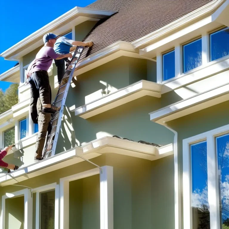 Two dudes standing on a ladder reaching up onto the edge of a house installing seamless gutters to the fascia