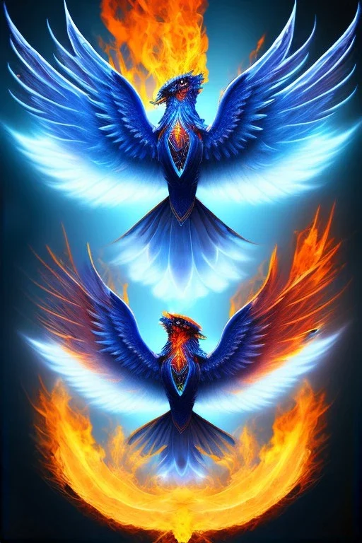 blue phoenix, flaming wings, balanced, beautiful, smooth, flying, graceful