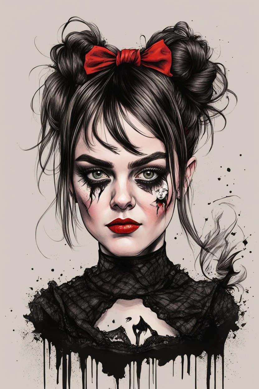 create a wild caricature of Maisie Williams as a savage, sullen, gothpunk vampire girl with highly detailed and refined facial features and hair, clothed in an ornate Gothic rags and fishnet stockings, in the caricature cartoon style of Gerald Scarfe and Ralph Steadman, precisely drawn, boldly inked, vividly colored, 4k