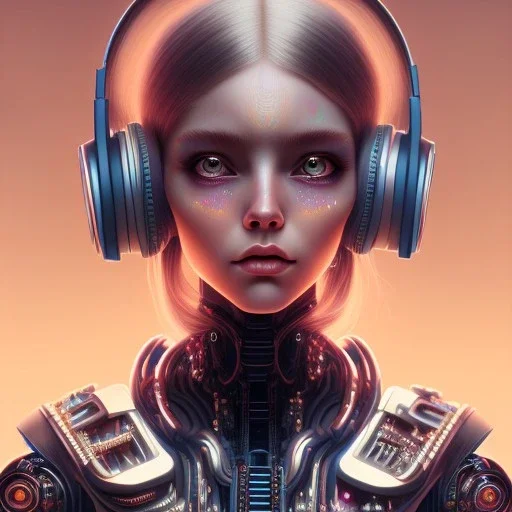 Extremely detailed and elaborate cyborg girl with big eyes with headphones art by Ilya Kuvshinov with an intricate metal shield. Sci-fi futuristic fantasy realistic visually stunning deep colors colorful 4k 8k IMax CryEnginecyborg girl with big eyes white hair with headphones art by Ilya Kuvshinov