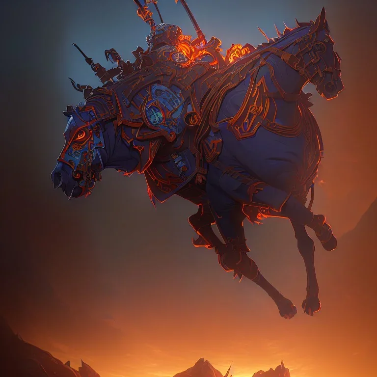 angry horse in orange and blue battle armor, Book of Kells style, a highly detailed illustration, background of Inka jungle, realistic render, 8 k, micro detail, intricate, elegant, centered, digital painting, Artstation, smooth, sharp focus, illustration, artgerm, tomasz alen kopera, peter mohrbacher, donato giancola, joseph christian leyendecker, wlop, boris vallejo