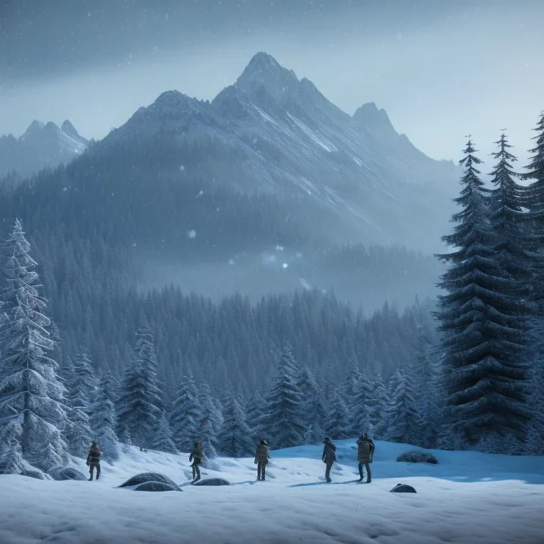 Five people hunting in a snowy forest, sense of fear, mountain hut in the background, Alps, night, 8k, HD, cinematography, photorealistic, Cinematic, Color Grading, Ultra-Wide Angle, Depth of Field, hyper-detailed, beautifully color-coded, insane details, intricate details, beautifully color graded, Cinematic, Color Grading, Editorial Photography, Depth of Field, DOF, Tilt Blur, White Balance, 32k, Super-Resolution, Megapixel, ProPhoto RGB, VR, Halfrear Lighting, Backlight, Natural Lighting