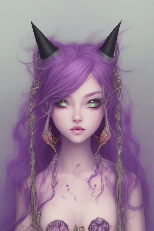 cute purple haired devil girl with bright green eyes and black horns on her head wearing a purple/pink dress