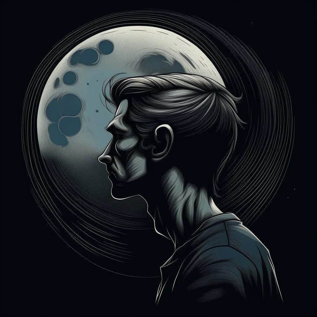 Man mesmerized by the moon, by Pedro Friedeberg, minimalistic creepy sketch, dark colors, complex contrast, dynamic composition