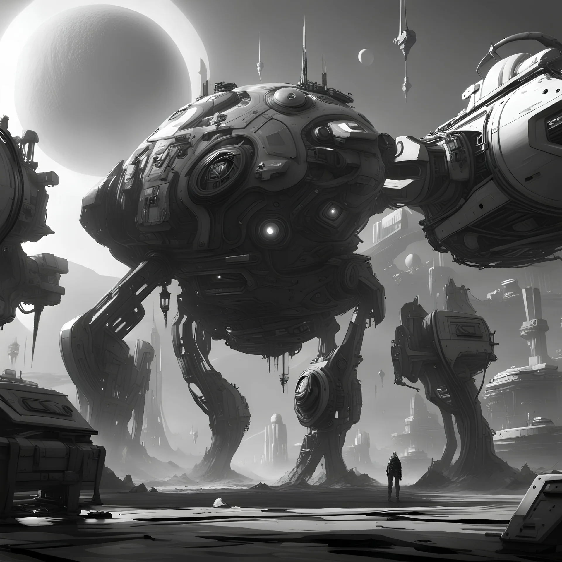 a science fiction image,that is done black and white illustration concept art by a senior character artist, cgsociety, maximalism, reimagined by light and industrial magic, unreal engine 5 Image