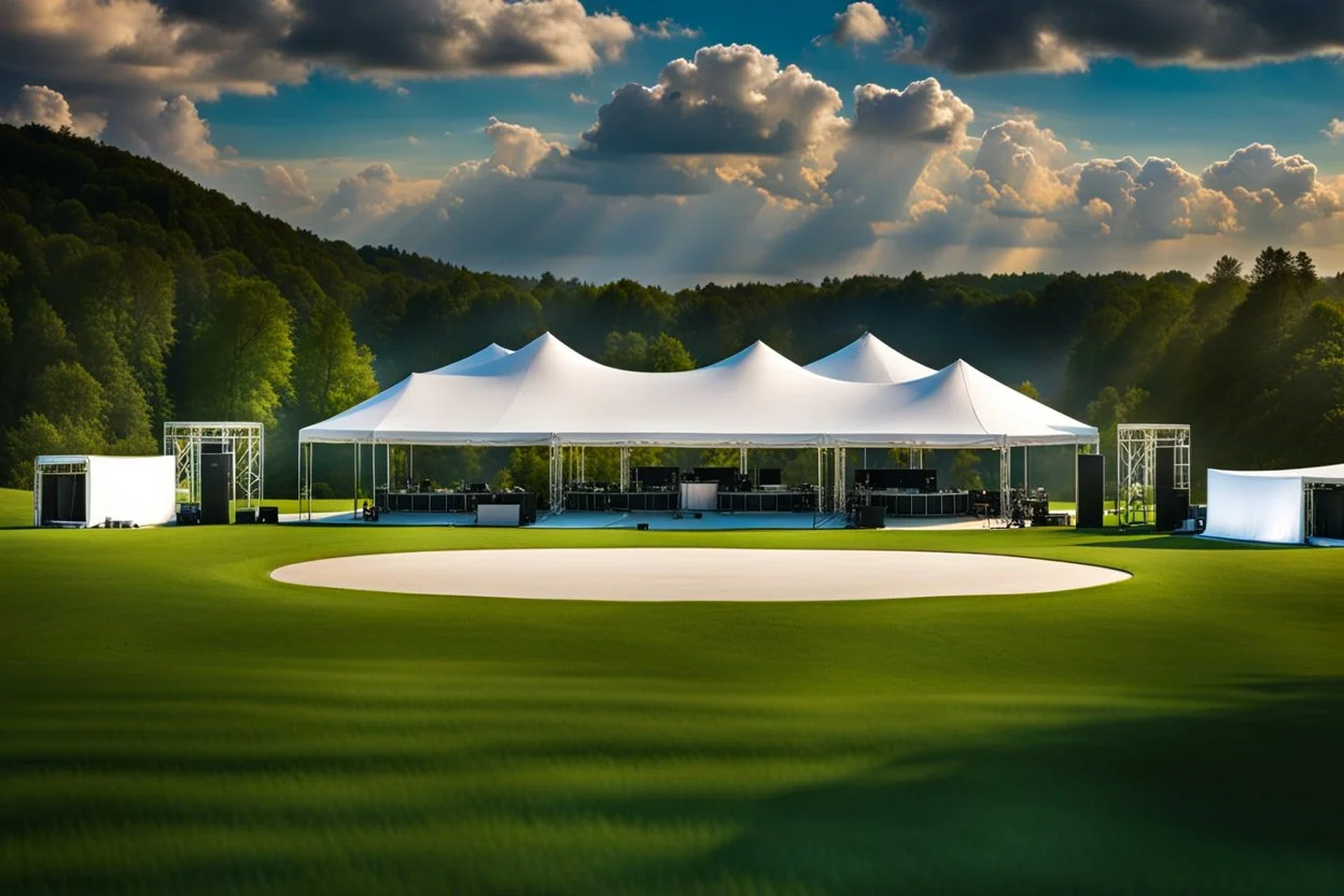 a big open disko stage in country side environment ,green field , at distance,blue sky pretty clouds .