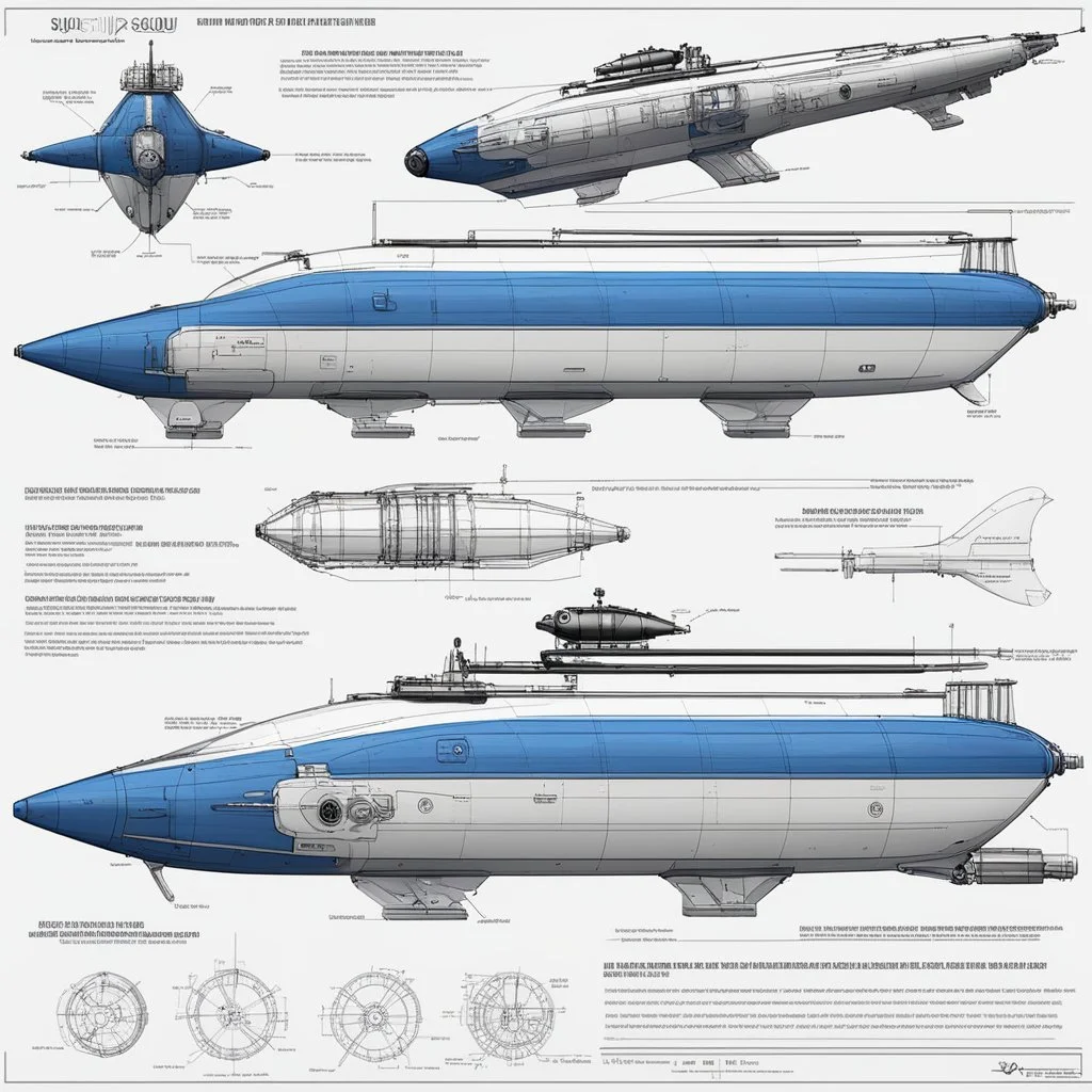[Blueprint and 3D detailed technical view with all specs] Ultimate design for the heavily armed SCUBA scout with six fins, in the vein of a submarine high impact vehicle for a quick action or some such.