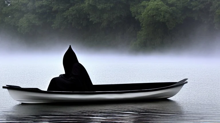 black robed monk in a small boat on quiet water in the mist