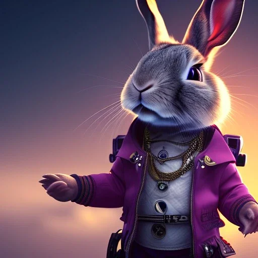 Rabbit toddler, smile, steampunk headphone, sunglass, gangsta neckless, full body, magenta puffer jacket, manila city background, dramatic lighting, hyper realistic, unreal engine 5, 16k