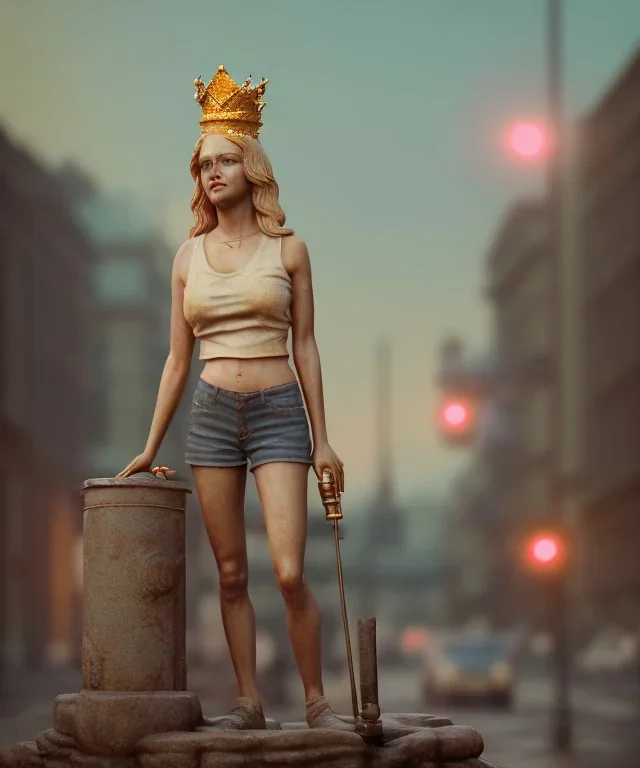 Statue of Queen of photography. Cute blonde woman. Photographer in golden crown. Standing on the street. Big camera in her hand. hyperdetailed, photorealistic, trending on artstation, greg rutkowski, beksinski, kodachrome, bokeh, red and gold