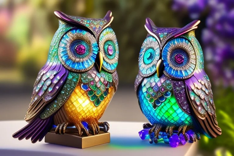 Coloured glass owl set with gemstones, glittering metal and gemstone parts in garden sharp focus elegant extremely detailed intricate very attractive beautiful dynamic lighting fantastic view crisp quality exquisite detail in the sunshine gems and jewels