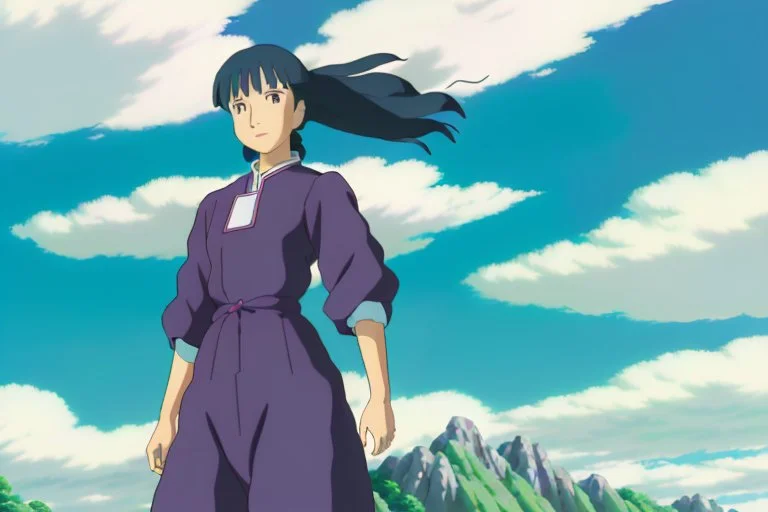 Yui: A full body image of Yui standing confidently in her rugged clothing, hands on her hips. Her athletic build, dark hair streaked with blue, and vibrant green eyes are clearly visible. Her look of determination reflects her adventurous spirit.